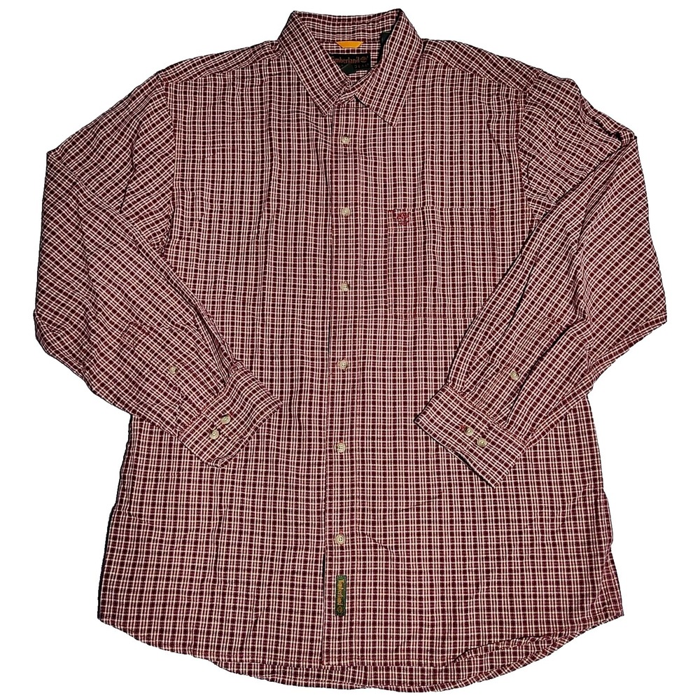 TIMBERLAND WEATHER GEAR Men Large Burgundy Check 100% Cotton Button-Up Shirt